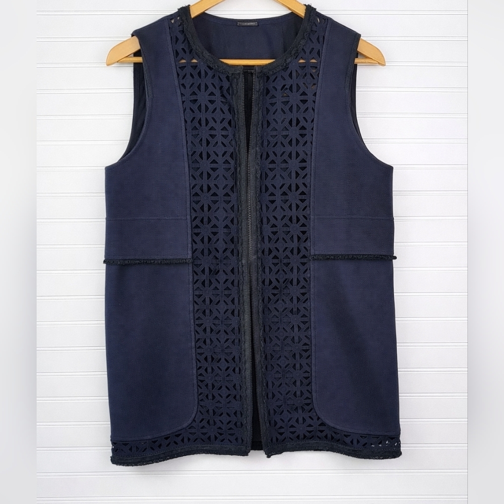 Elie Tahari Midnight Blue Cutout Suede Trim Vest L - Picture 11 of 11